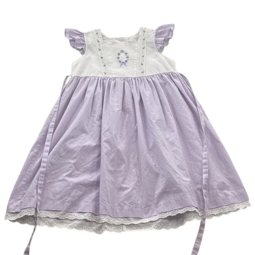 Goodlad Gingham Dress Kids 6 Purple Excellent Floral Eyelet Lace Flutter Sleeve